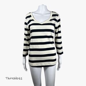 Three Dots Women's Cotton V-Neck Long Sleeve T-Shirt in B/W Stripes Casual